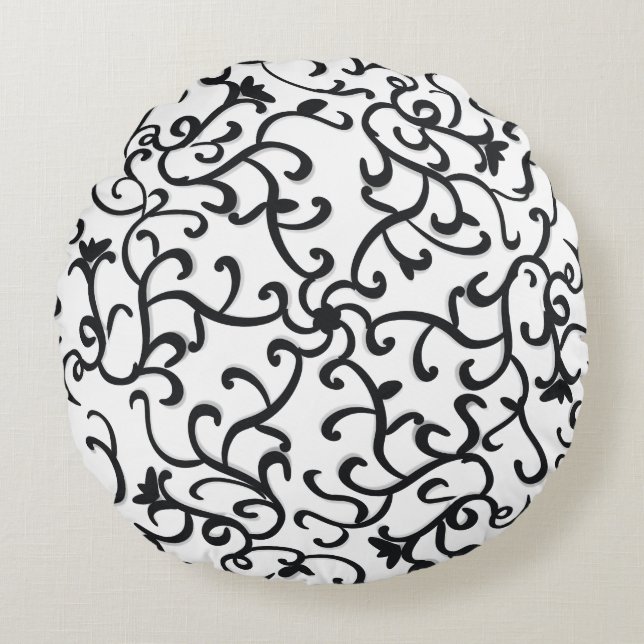 Cute Black Floral Pattern on White Background Wall Round Cushion (Front)
