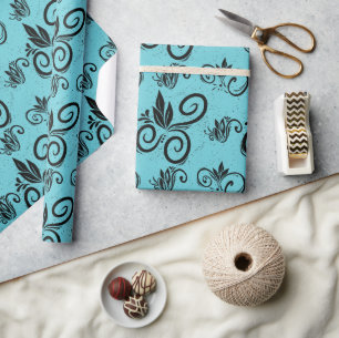 Cute Black Floral Vintage Pattern Cyan Wrapping Paper