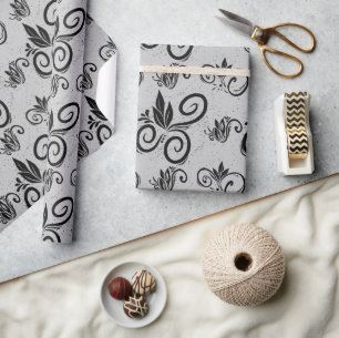 Cute Black Floral Vintage Pattern Light Grey Wrapping Paper
