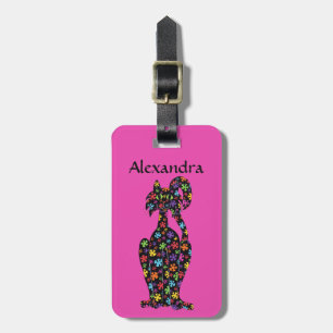 Cute Black Flowered Cat Pink Personalised Luggage Tag