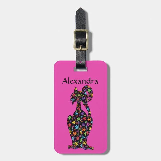 Cute Black Flowered Cat Pink Personalised Luggage Tag (Front Vertical)
