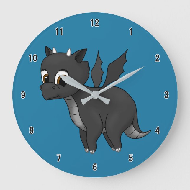 Cute Black Flying Baby Dragon Large Clock (Front)