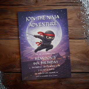 Cute Black Flying Ninja Moon Night Kids Birthday Invitation