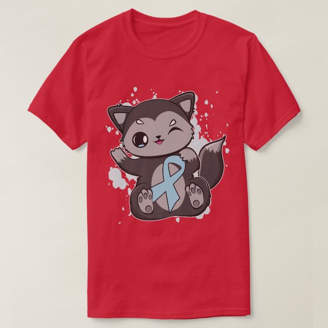 Cute Black Fo And Blue Ribbon For Diabetes Awarene T-Shirt (Design Front)