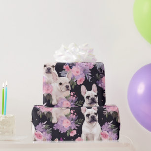 Cute Black French Bulldog Floral Wrapping Paper