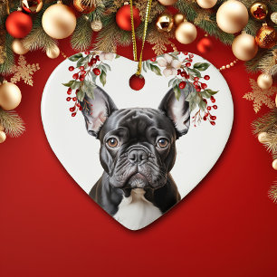 Cute Black French Bulldog Holly Berry Christmas Ceramic Tree Decoration