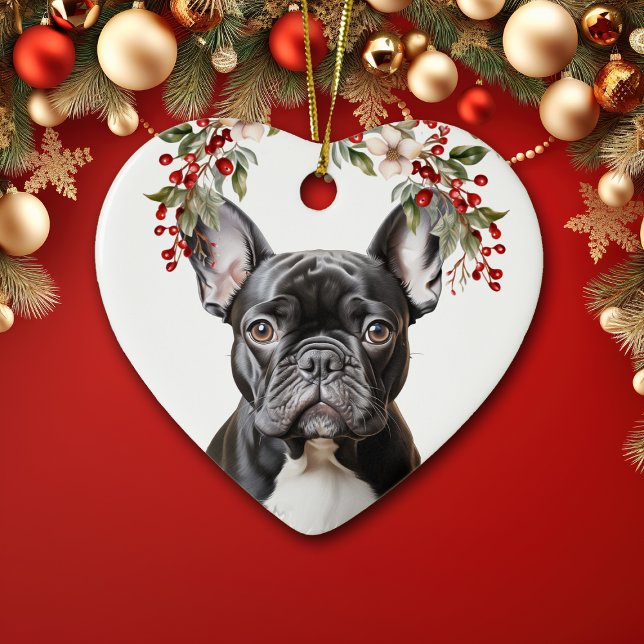 Cute Black French Bulldog Holly Berry Christmas Ceramic Tree Decoration (Creator Uploaded)