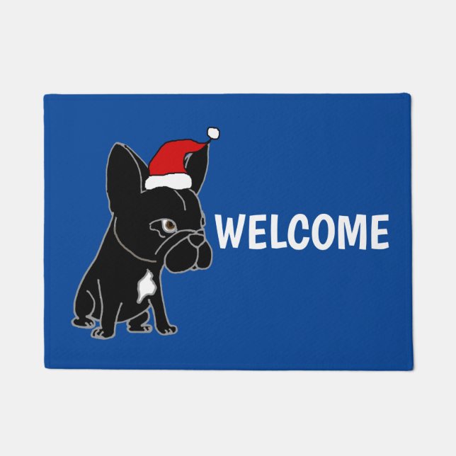 Cute Black French Bulldog in Santa Hat Christmas Doormat (Front)
