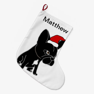 Cute Black French Bulldog in Santa Hat Christmas Large Christmas Stocking