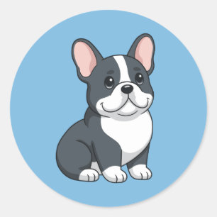 Cute Black French Bulldog Puppy on Blue Classic Round Sticker