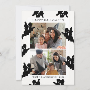 Cute Black Ghost Border Two Photo Happy Halloween Holiday Card