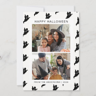 Cute Black Ghost Border Two Photo Happy Halloween Holiday Card