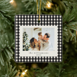 Cute Black Gingham Plaid Custom Photo Christmas Ceramic Ornament