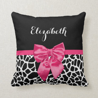 Cute Black Giraffe Print Girly Pink Bow and Name Cushion