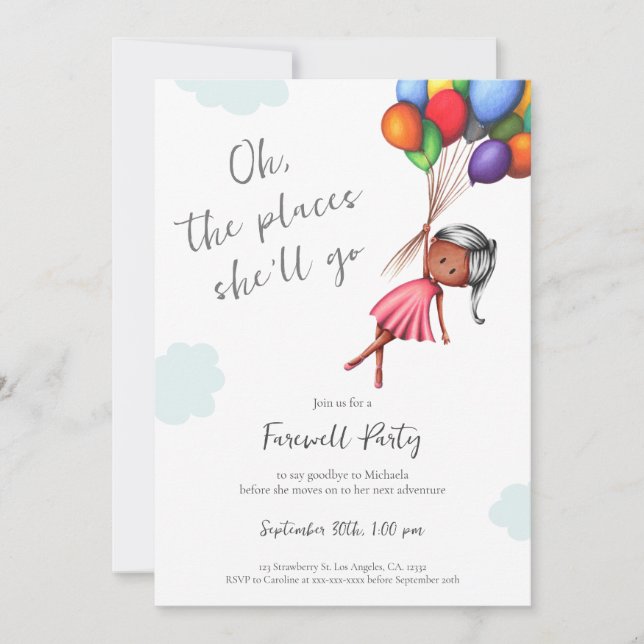 Cute Black Girl Balloons Farewell Invitation (Front)