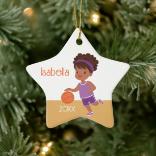 Cute Black Girl Basketball Personalised Ceramic Tree Decoration