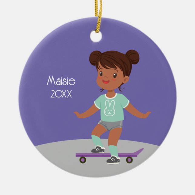 Cute Black Girl Skateboard Ceramic Tree Decoration (Front)