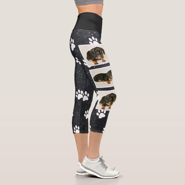 Cute Black Glitter Dog Photo Collage Pawprint Capri Leggings (Right)