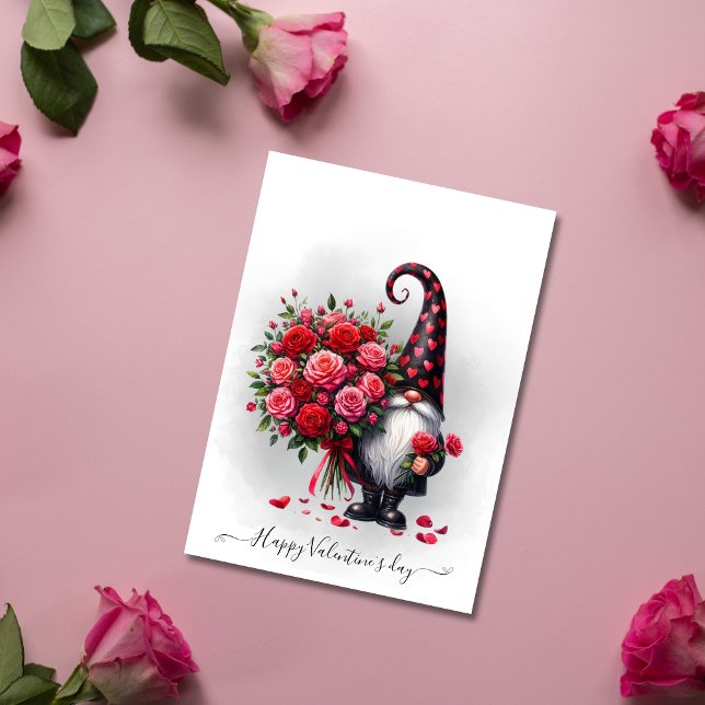Cute Black Gnome With Red Roses Valentines day Holiday Card (Cute Black Gnome With Red Roses Valentines day Holiday Card)