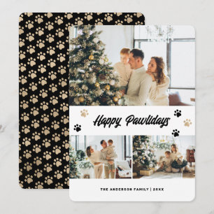 Cute Black Gold 3 Photo Happy Pawlidays Holiday Card
