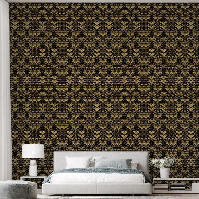 Cute black gold art Deco tiled pattern Wallpaper (Bedroom)