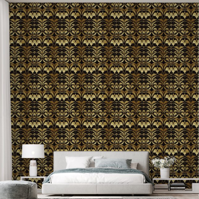 Cute black gold art Deco tiled pattern Wallpaper (Bedroom)
