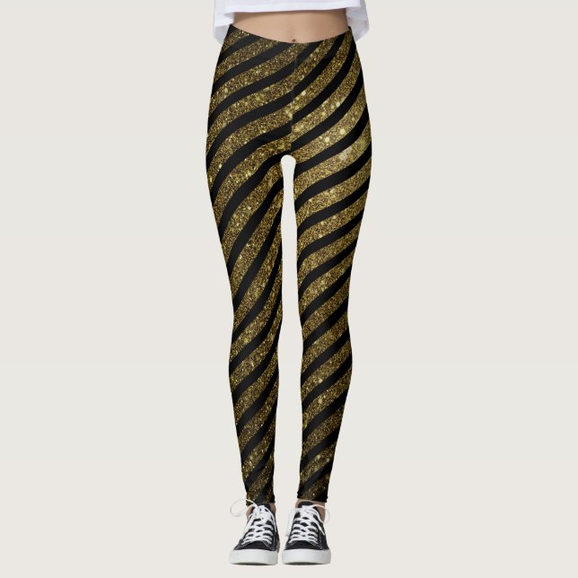 Cute Black Gold Candy Stripe Glitter Pattern Leggings (Front)