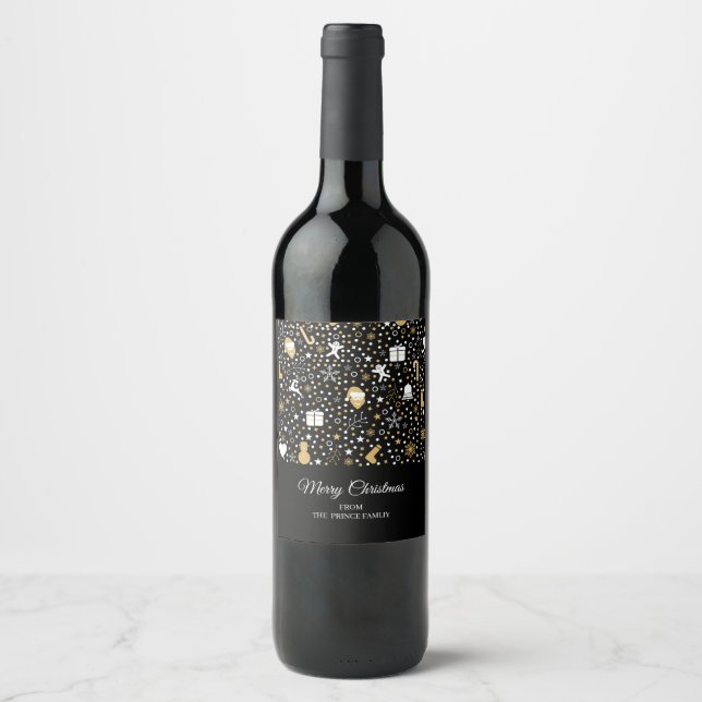 Cute Black Gold Polka Dots Script Christmas party Wine Label (Front)