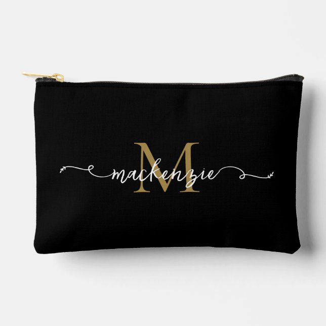 Cute Black Gold Script Typography Monogram Accessory Pouch (Front)