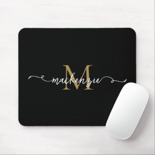 Cute Black Gold Script Typography Monogram Mouse Mat