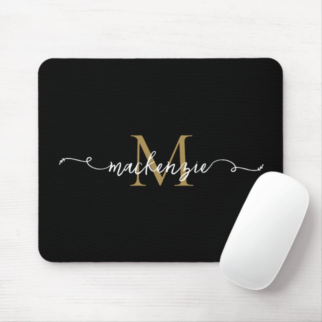 Cute Black Gold Script Typography Monogram Mouse Mat (With Mouse)