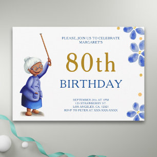 Cute Black Grandma Watercolor Floral 80th Birthday Invitation
