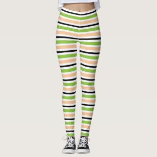 Cute Black Green Orange & White Stripes Halloween Leggings