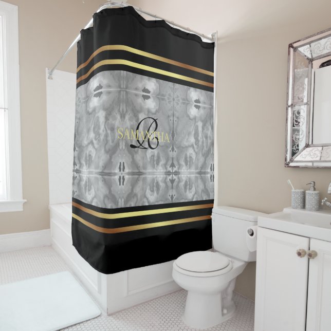 Cute Black Grey And Gold Stripes Marble Shower Curtain (In Situ)
