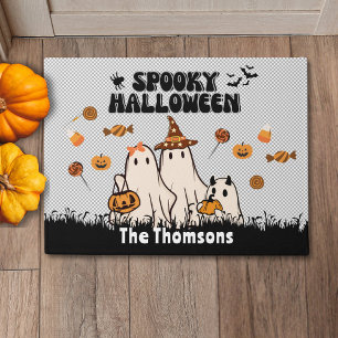 Cute Black Groovy Spooky Halloween Ghost Family Doormat