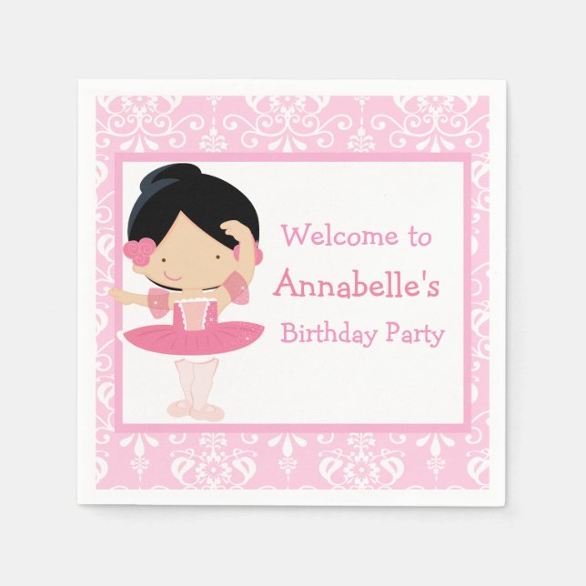 Cute Black Hair Ballerina Birthday Party Napkin (Front)