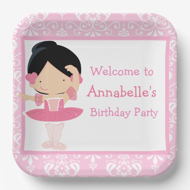 Cute Black Hair Ballerina Birthday Party Paper Plate (Front)