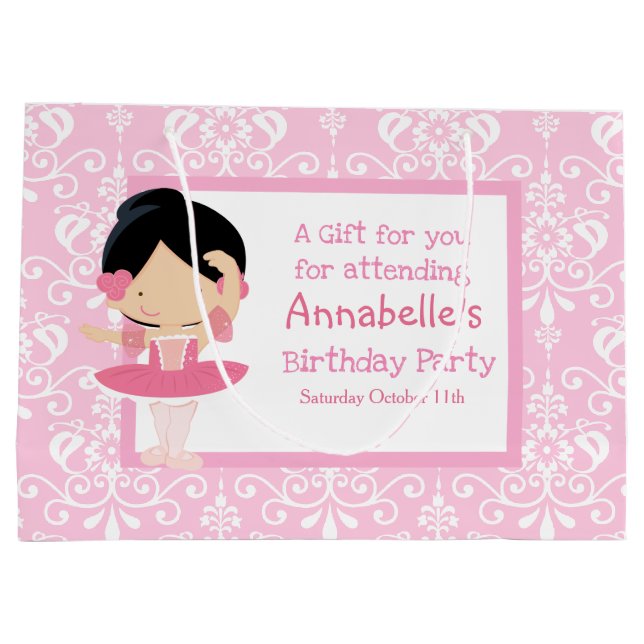 Cute Black Hair Ballerina & Pink Damask Thank You Large Gift Bag (Back)