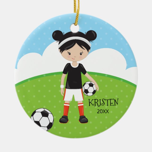 Cute Black Hair Girl Soccer Personalised Christmas Ceramic Tree Decoration (Front)