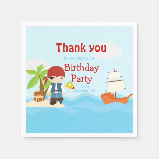 Cute Black Hair Pirate Boy in Red Birthday Napkin (Front)