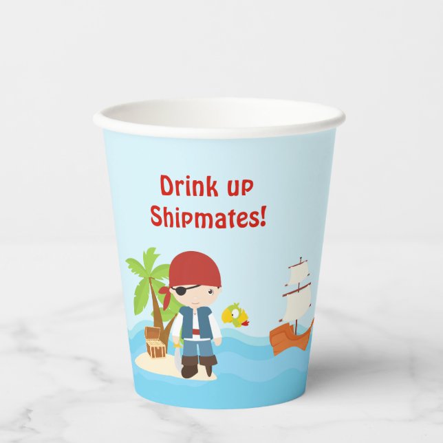 Cute Black Hair Pirate Boy in Red Birthday Paper Cups (Front)