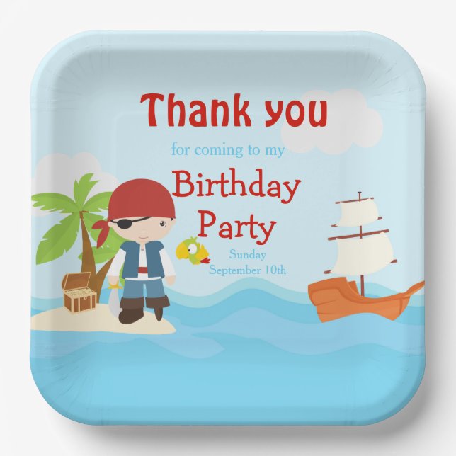Cute Black Hair Pirate Boy in Red Birthday Paper Plate (Front)