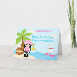Cute Black Hair Pirate Girl Birthday Party Card