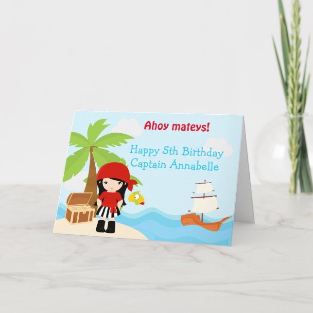Cute Black Hair Pirate Girl Birthday Party Card (Front)