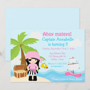 Cute Black Hair Pirate Girl Birthday Party Invitation