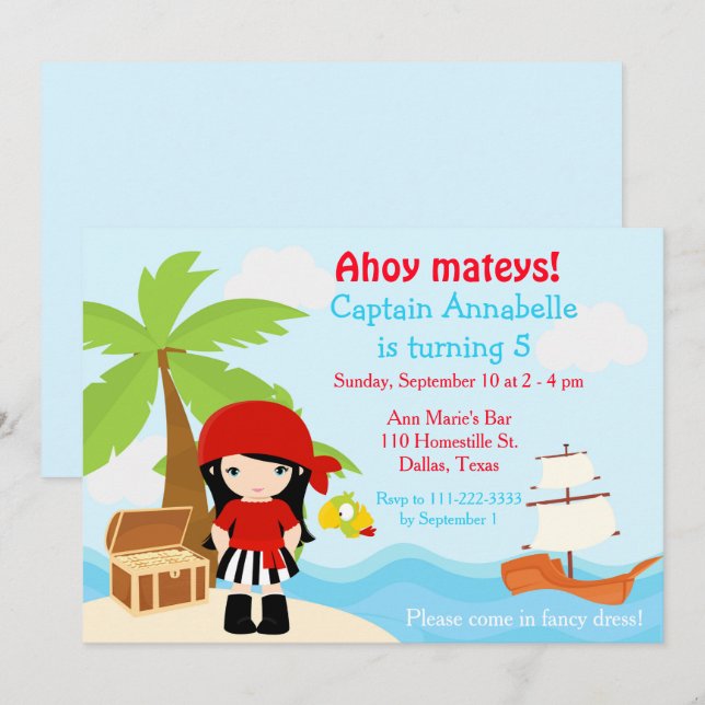 Cute Black Hair Pirate Girl Birthday Party Invitation (Front/Back)