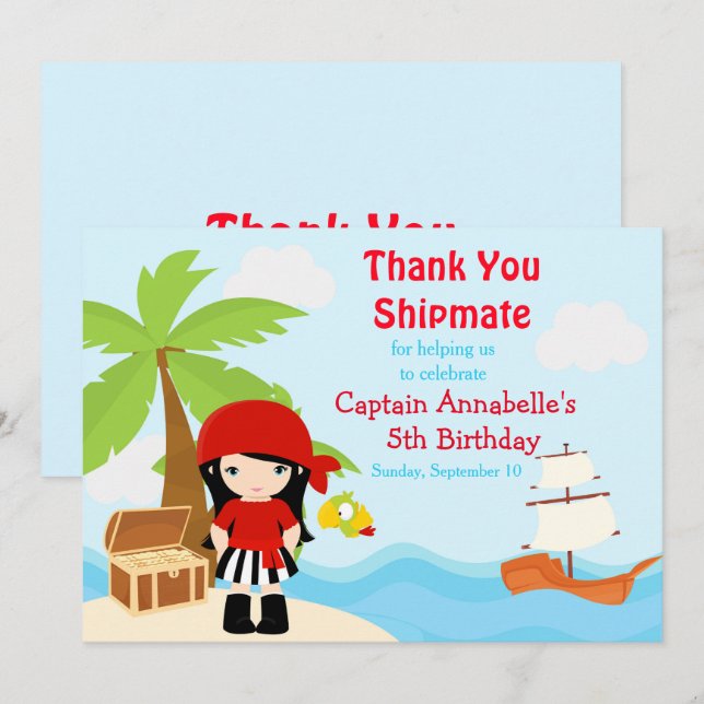 Cute Black Hair Pirate Girl Birthday Party Thank You Card (Front/Back)