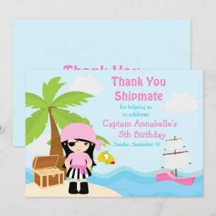 Cute Black Hair Pirate Girl Birthday Party Thank You Card