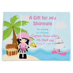Cute Black Hair Pirate Girl in Pink Birthday Large Gift Bag