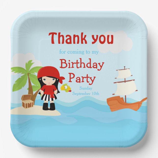 Cute Black Hair Pirate Girl in Red Birthday Paper Plate (Front)